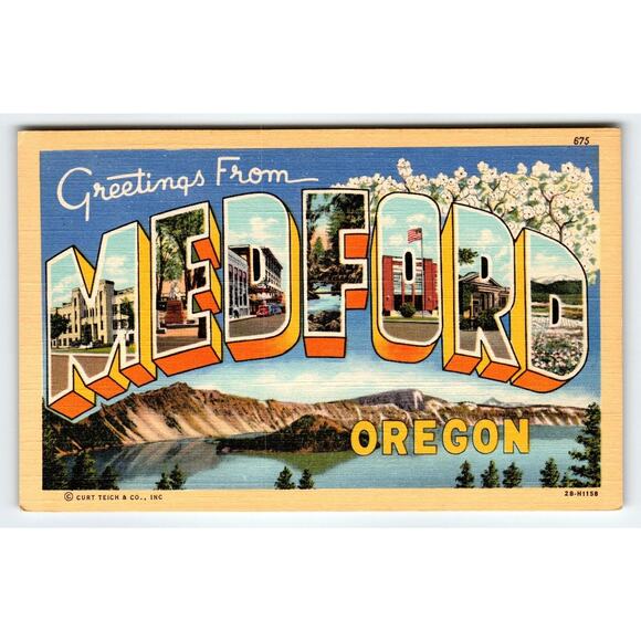 Greetings From Medford Oregon 1940's Large Letter City Postcard Linen Curt Teich - Picture 1 of 2